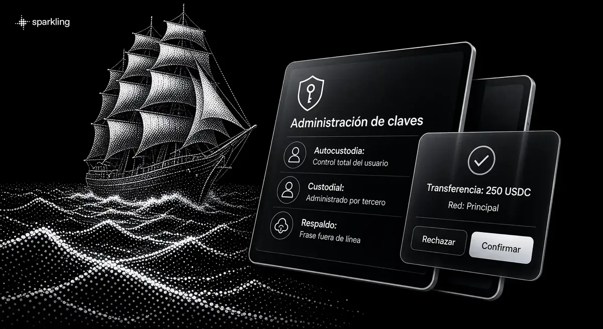 Comparativa entre billeteras de autocustodia y custodia con paneles de confirmación sobre fondo de velero en medios tonos.