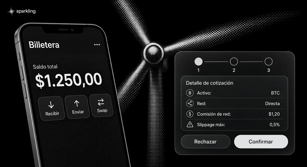 Interfaz de la aplicación mostrando una cotización para comprar criptomonedas y saldo en billetera sobre fondo de semitono plateado.