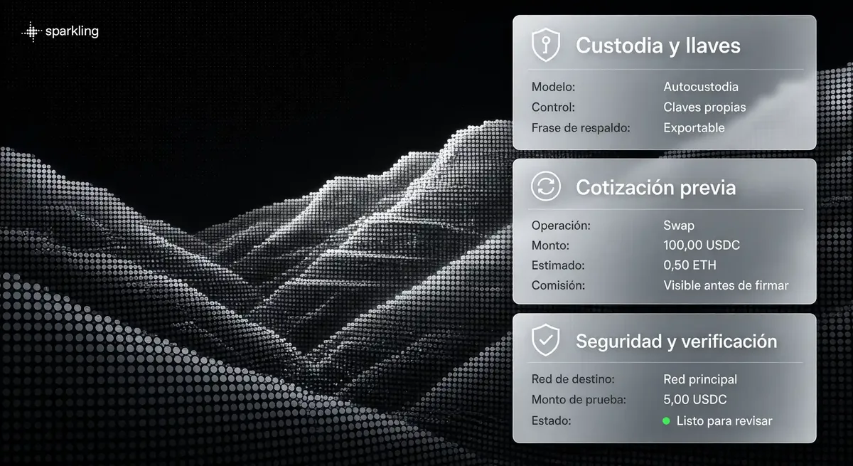 Tres paneles informativos que detallan autocustodia de claves, cotización previa y verificación segura para usuarios.