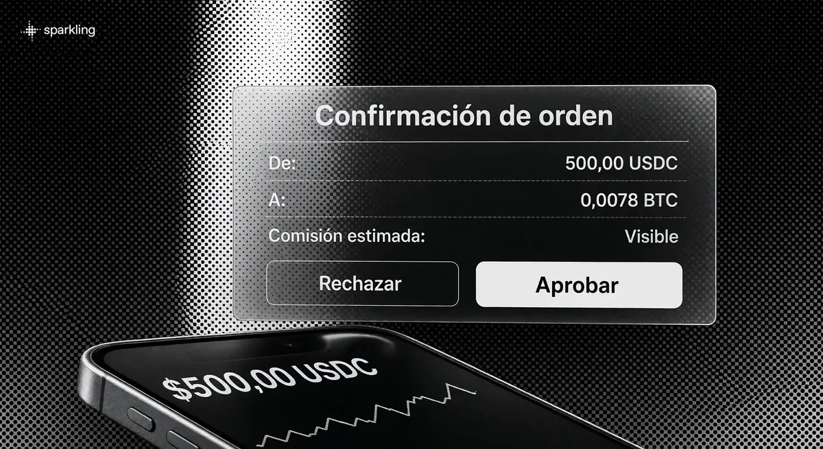 Primer plano de panel de confirmación de cotización de criptomonedas con botones de aprobar y rechazar sobre fondo de monolito en semitono.