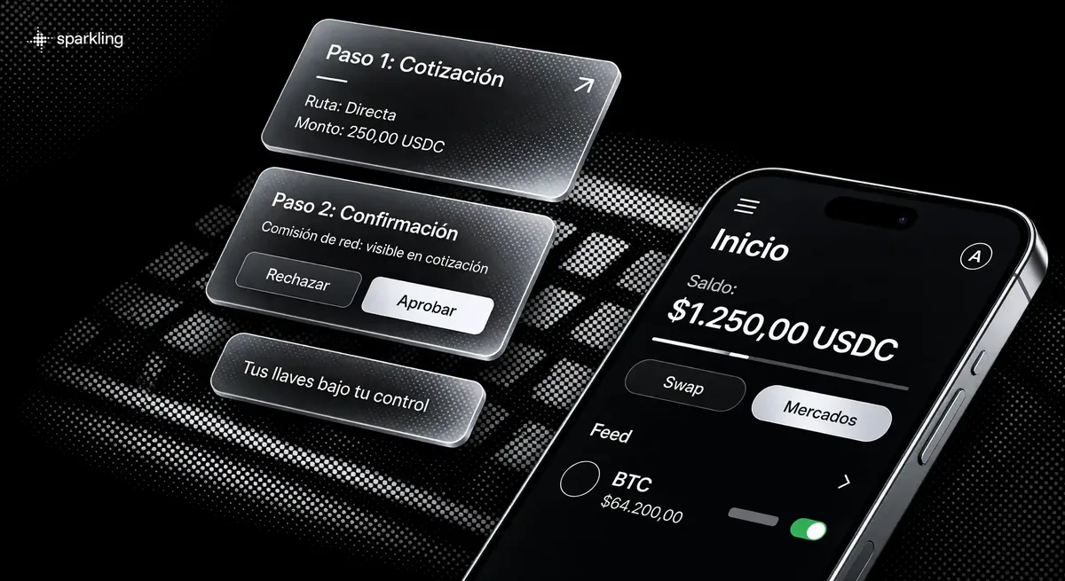 Interfaz de la aplicación en un teléfono con tarjetas de cotización y confirmación para principiantes en criptomonedas.