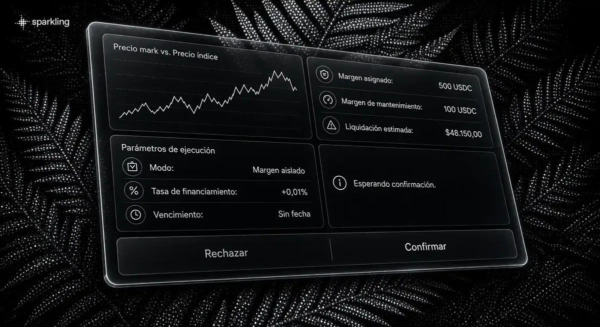 Panel detallado de gestión de riesgo en futuros perpetuos con módulos de margen, tasa de financiamiento y liquidación sobre fondo de helecho en semitono.