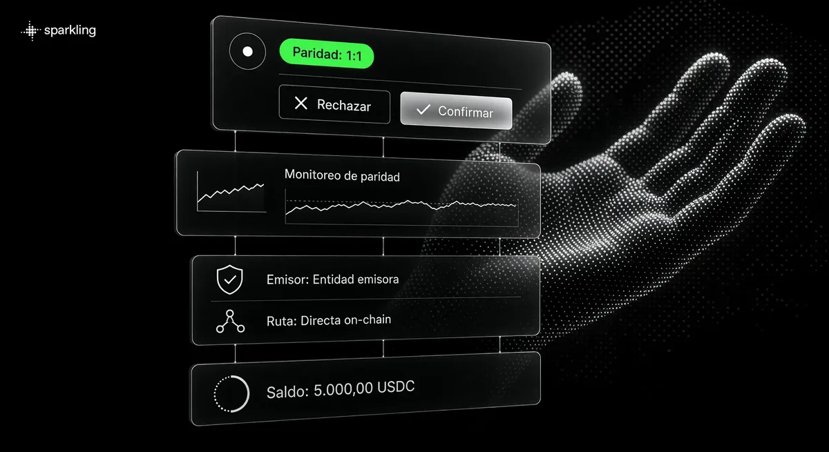 Capas tridimensionales de vidrio que analizan el respaldo y riesgo de stablecoins sobre una mano en semitono.