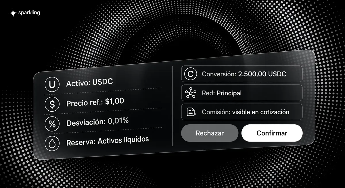 Panel diagonal con datos de paridad y confirmación de stablecoins sobre un arco de piedra en semitono plateado.